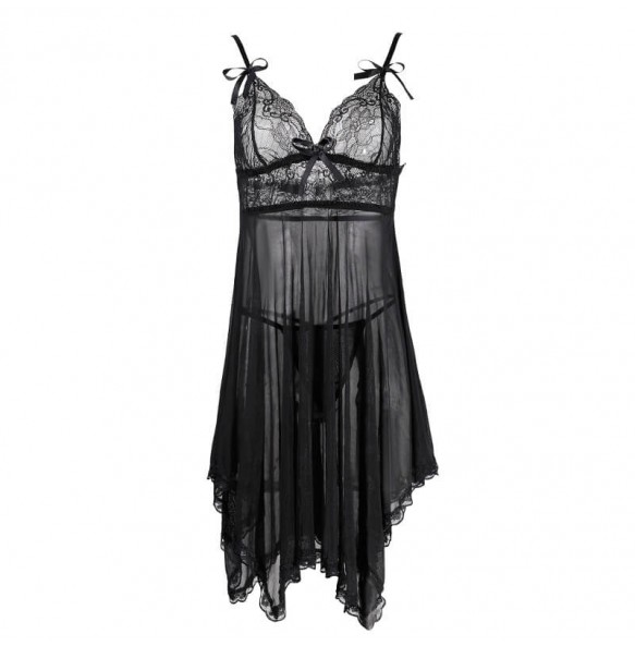 FEE ET MOI - Deep V Sheer Lace Nightdress (Black)